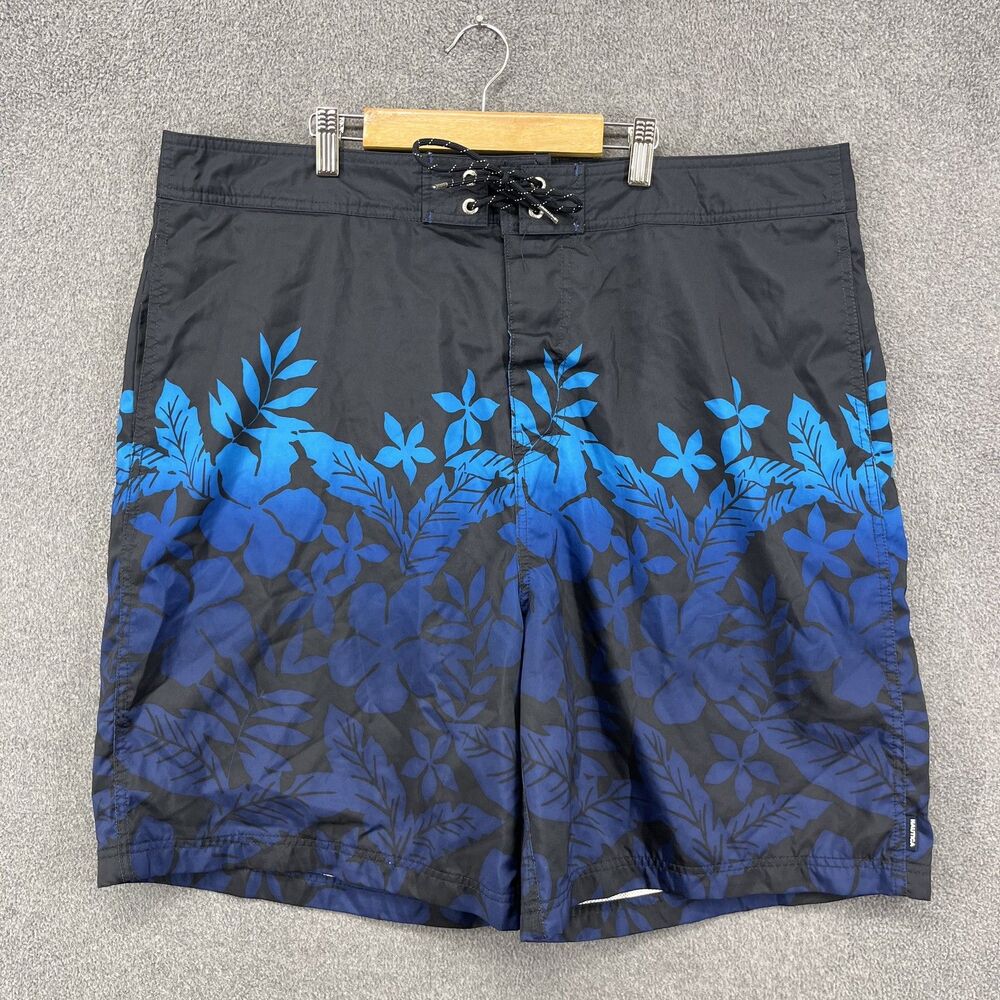 Nautica Swim Trunks‎ Mens 40W Black Blue Floral Board Shorts Surf Swimwear Beach